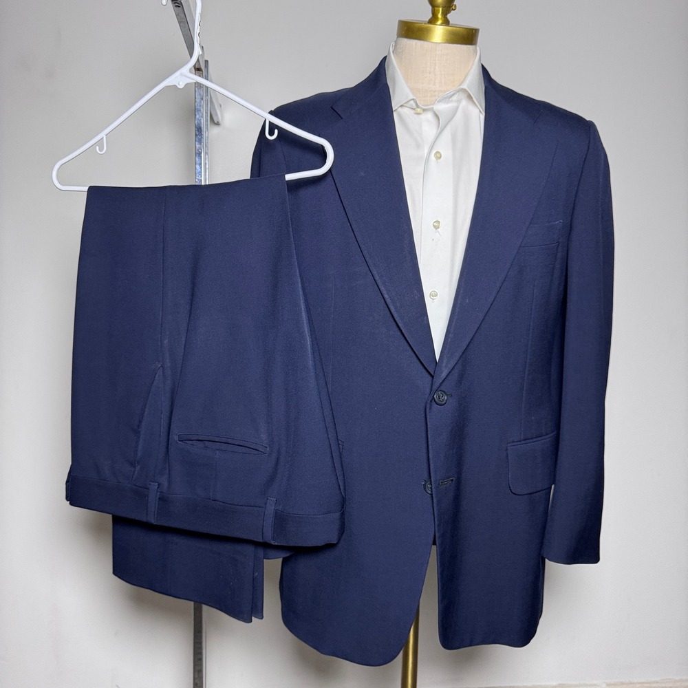 1970s Custom Tailored Mens 40R 36x29 Navy Blue‎ Solid Vintage 2-Button